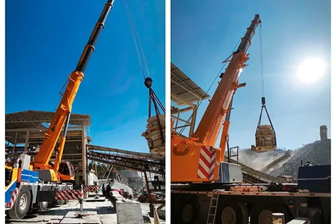 Guindaste Liebherr LTM 1250 da Cunzolo durante montagem industrial de britador