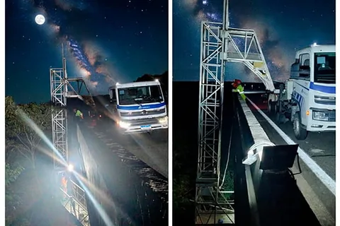Plataforma Barin da Cunzolo em inspeção noturna de ponte na Rodovia dos Bandeirantes